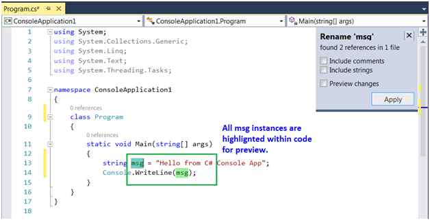 Preview of rename in action